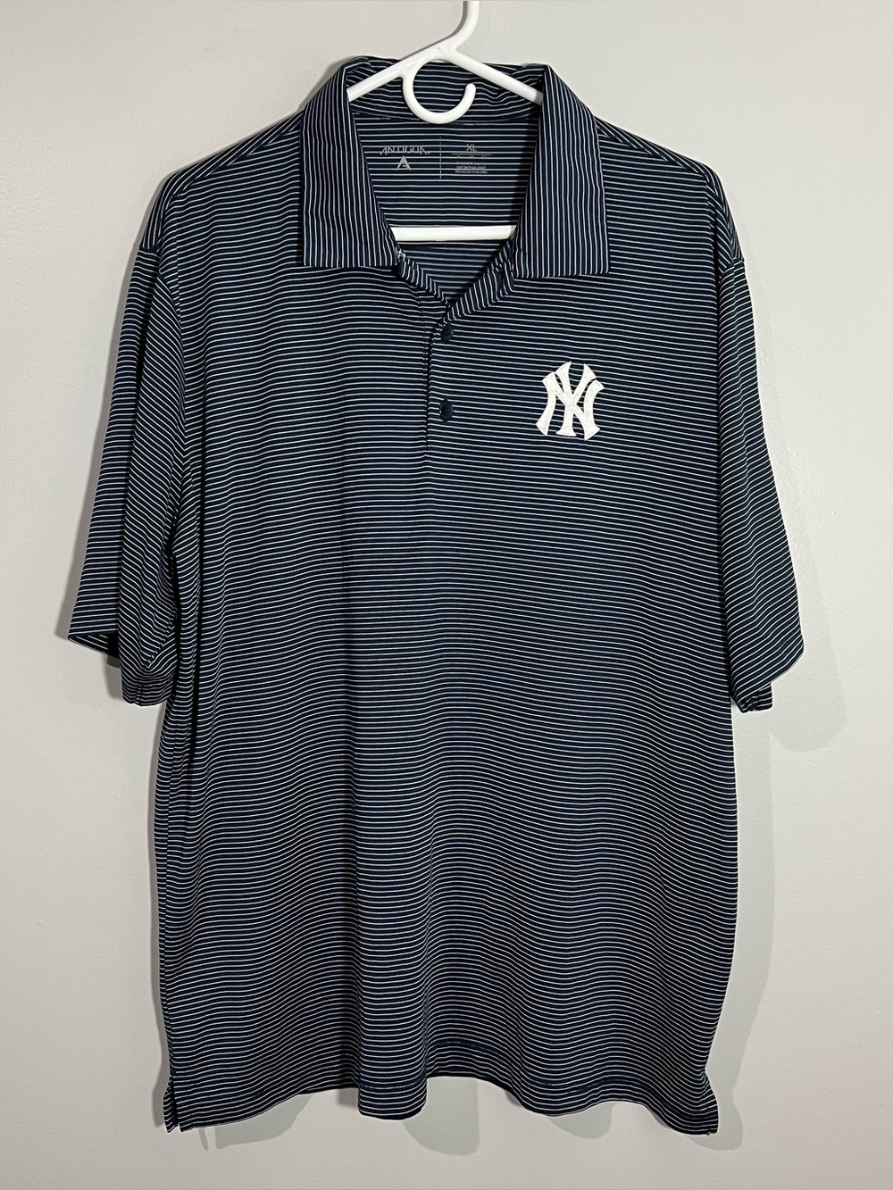 Antigua New York NY Yankees Blue White Striped Short Sleeve Polo Shirt Mens XL